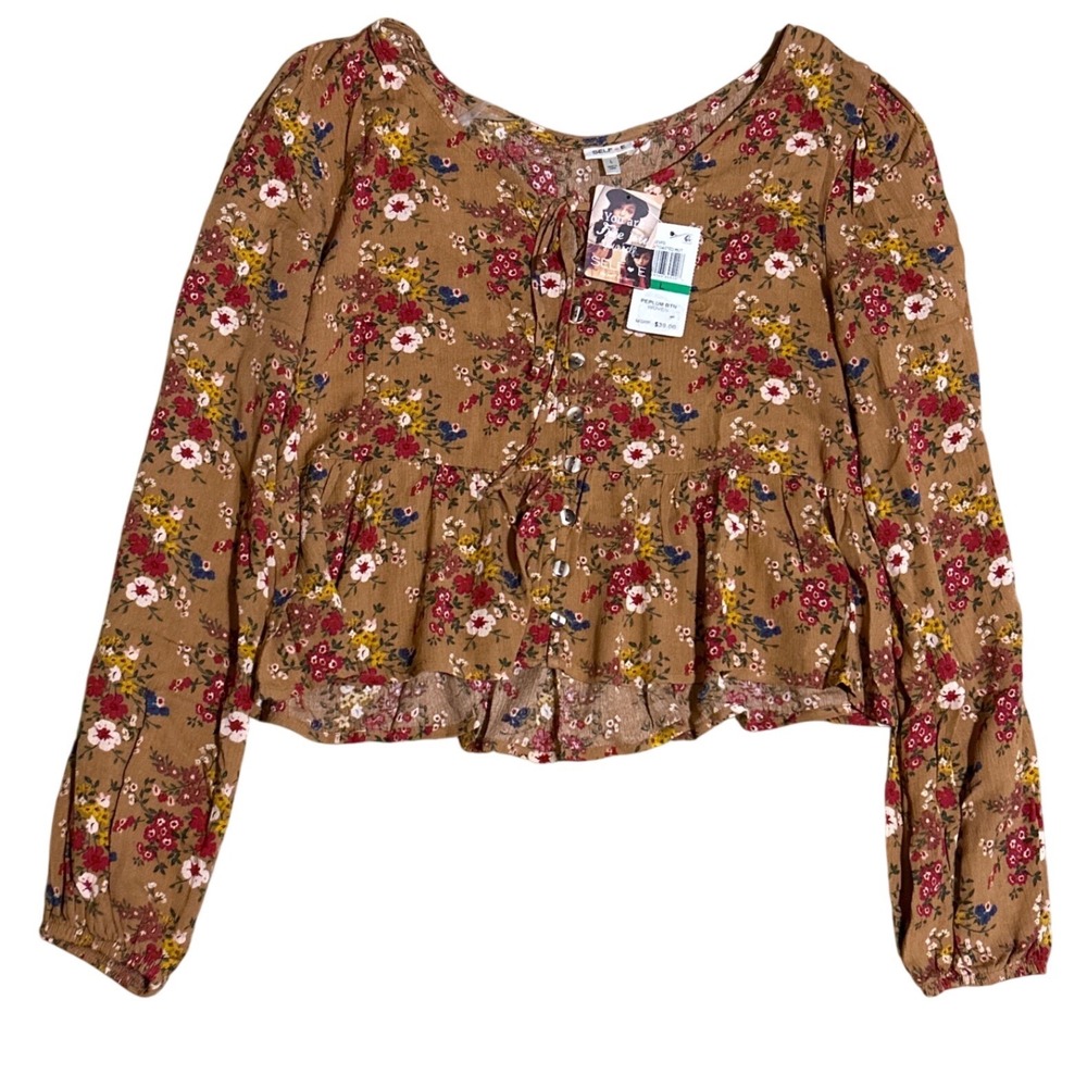 Self Esteem Womens Floral Peplum Top Brown Long Sleeve Button Front Blouse Large